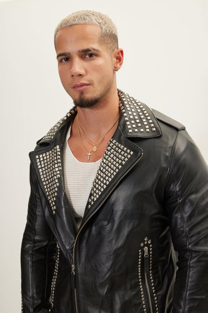Men's Studded Lambskin Leather Motorcycle Jacket - Black Silver | Ron Tomson