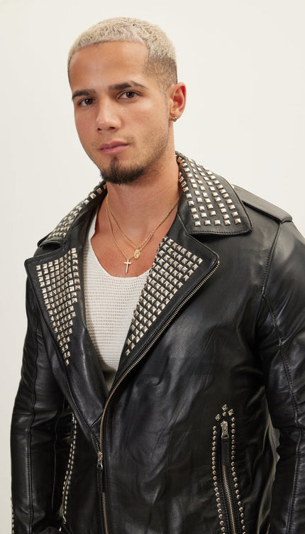 Studded Lambskin Leather Motorcycle Jacket - Black Silver