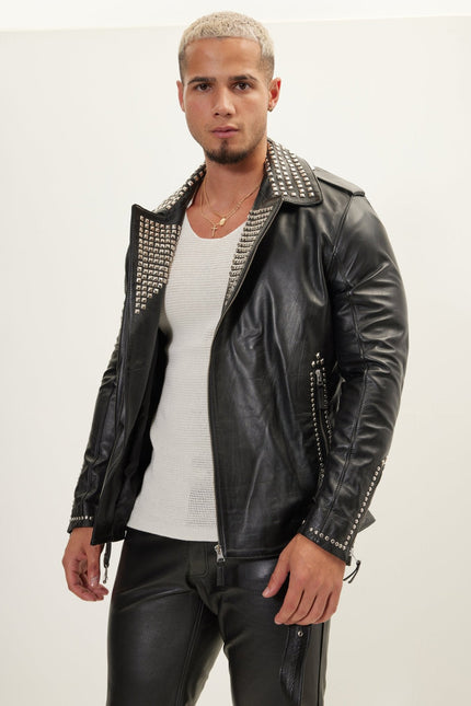 Men's Studded Lambskin Leather Motorcycle Jacket - Black Silver | Ron Tomson