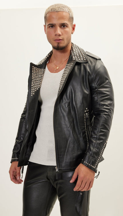 Studded Lambskin Leather Motorcycle Jacket - Black Silver