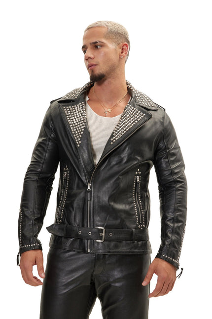 Men's Studded Lambskin Leather Motorcycle Jacket - Black Silver | Ron Tomson
