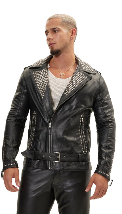 Studded Lambskin Leather Motorcycle Jacket - Black Silver
