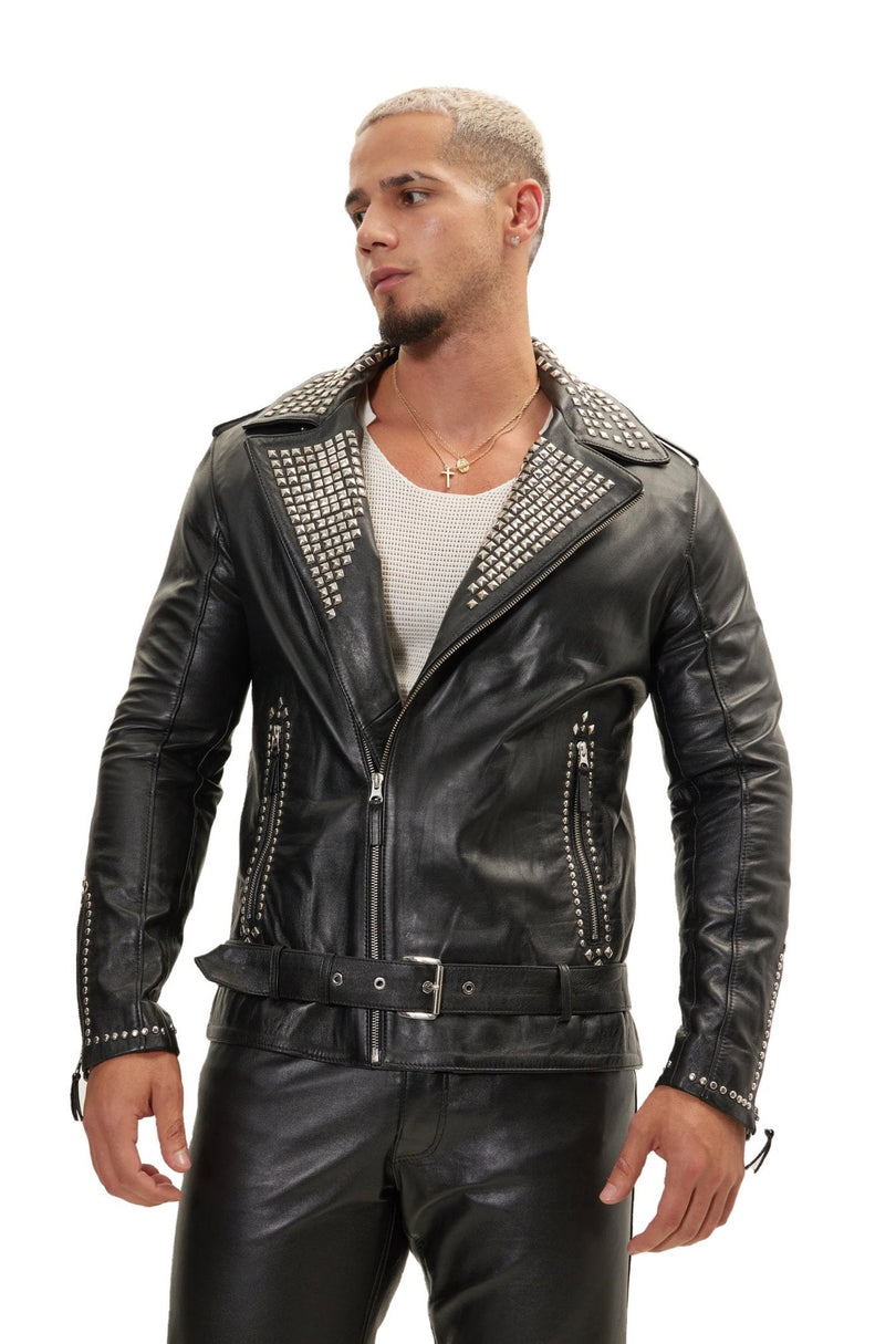 Men's Studded Lambskin Leather Motorcycle Jacket - Black Silver | Ron Tomson