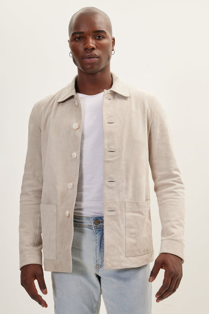 Men's Lambskin Suede Shirt Jacket - Beige | Ron Tomson