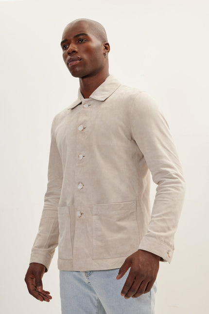 Men's Lambskin Suede Shirt Jacket - Beige | Ron Tomson