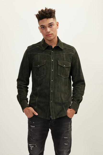 Men's Lambskin Suede Shirt - Khaki | Ron Tomson