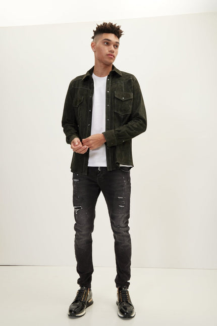 Men's Lambskin Suede Shirt - Khaki | Ron Tomson