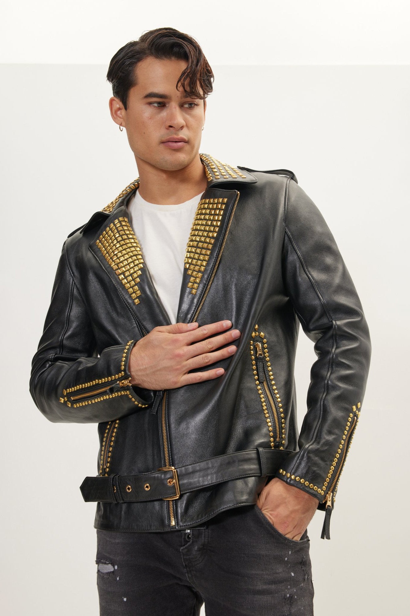 Men's Studded Lambskin Leather Jacket - Black Gold | Ron Tomson