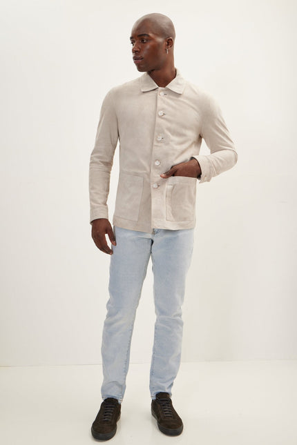 Men's Lambskin Suede Shirt Jacket - Beige | Ron Tomson