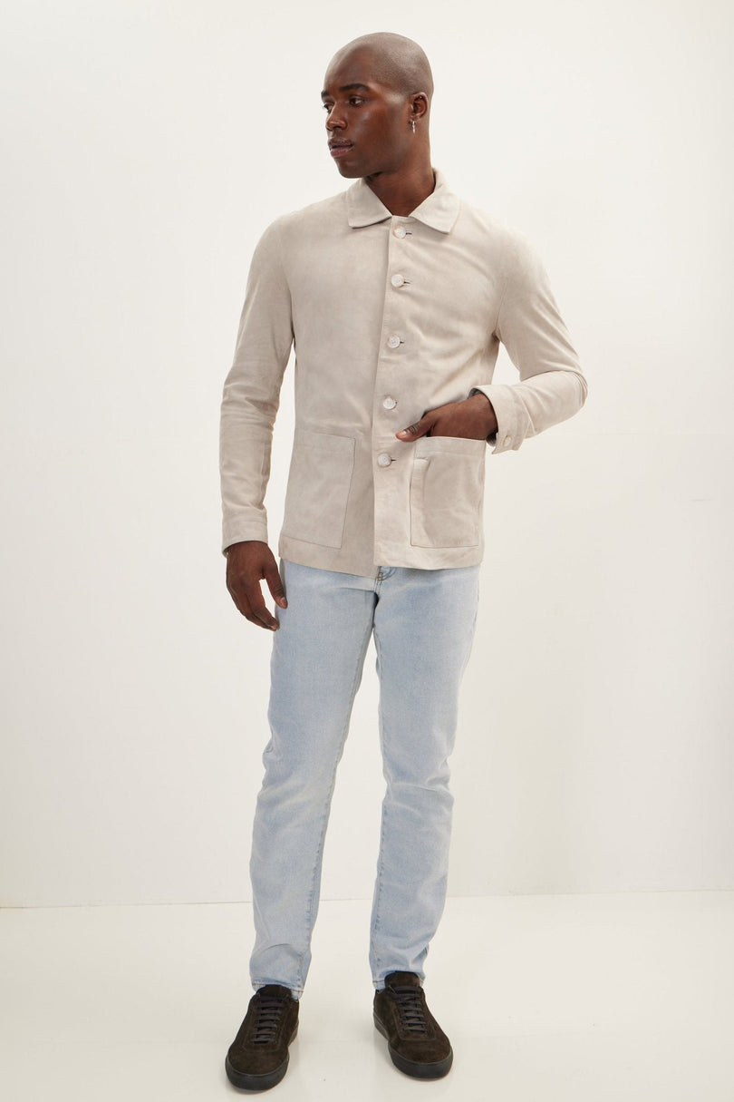 Men's Lambskin Suede Shirt Jacket - Beige | Ron Tomson
