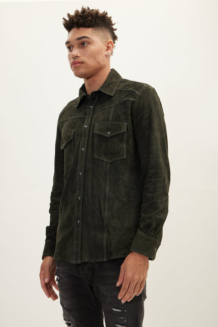 Men's Lambskin Suede Shirt - Khaki | Ron Tomson