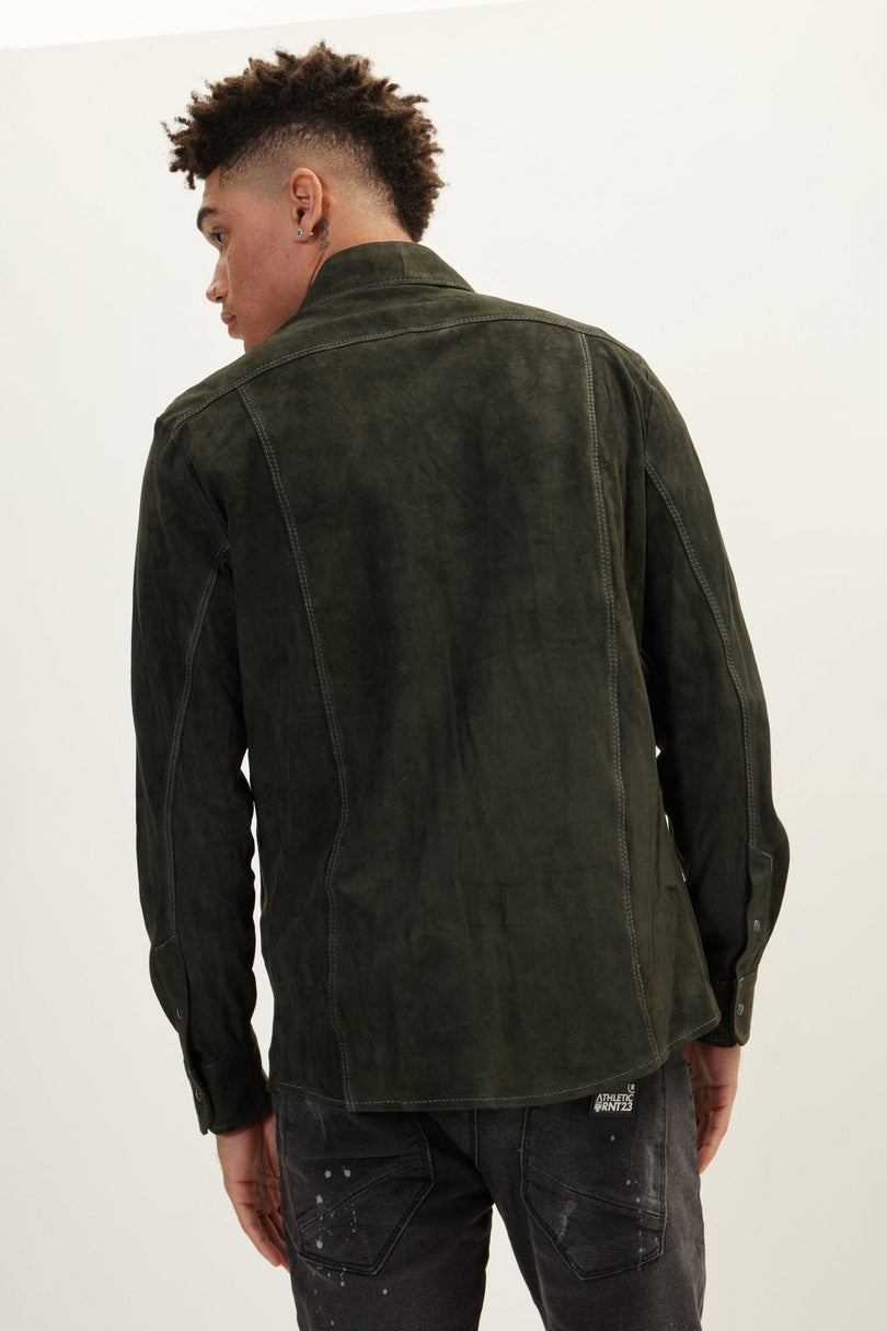 Men's Lambskin Suede Shirt - Khaki | Ron Tomson