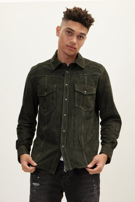 Men's Lambskin Suede Shirt - Khaki | Ron Tomson