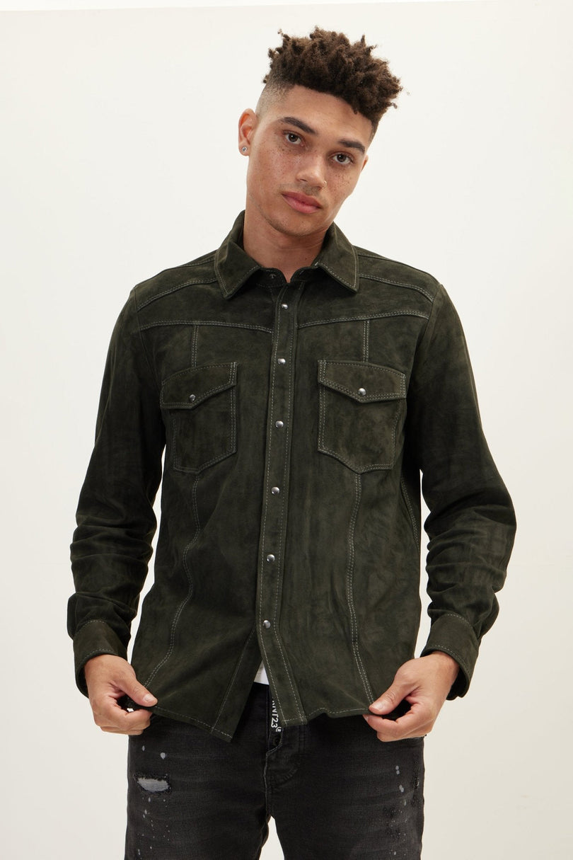 Men's Lambskin Suede Shirt - Khaki | Ron Tomson