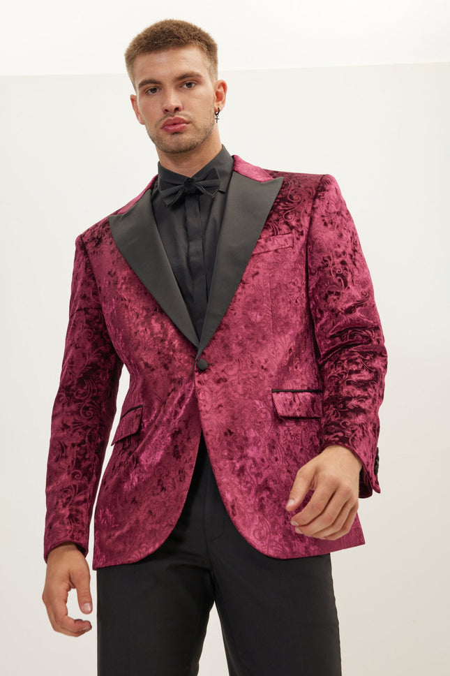 Men's Spiral Floral Velvet Dinner Jacket - Wine | Ron Tomson