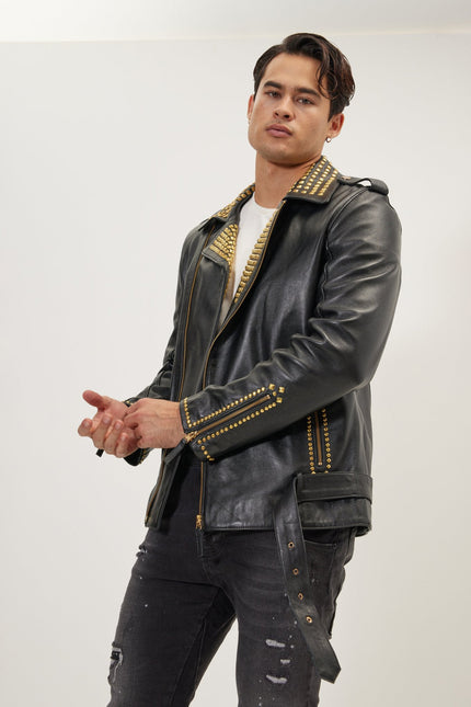 Men's Studded Lambskin Leather Jacket - Black Gold | Ron Tomson