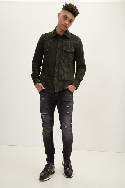 Men's Lambskin Suede Shirt - Khaki | Ron Tomson