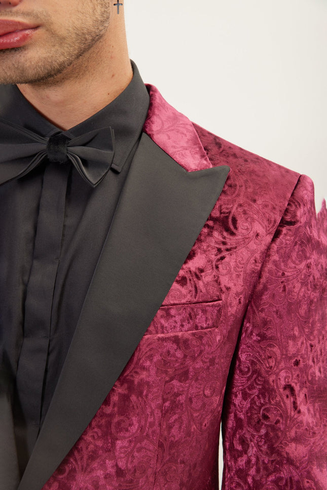 Men's Spiral Floral Velvet Dinner Jacket - Wine | Ron Tomson