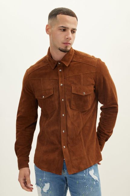 Men's Lambskin Suede Shirt - Brown | Ron Tomson