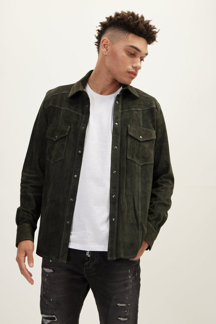 Men's Lambskin Suede Shirt - Khaki | Ron Tomson