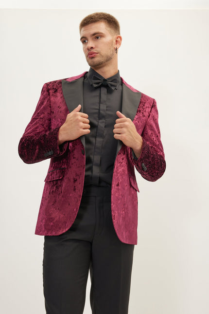 Men's Spiral Floral Velvet Dinner Jacket - Wine | Ron Tomson