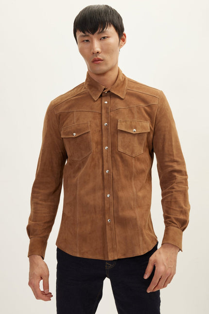 Men's Lambskin Suede Shirt - Camel | Ron Tomson