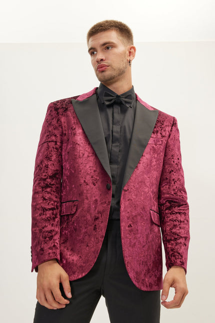Men's Spiral Floral Velvet Dinner Jacket - Wine | Ron Tomson