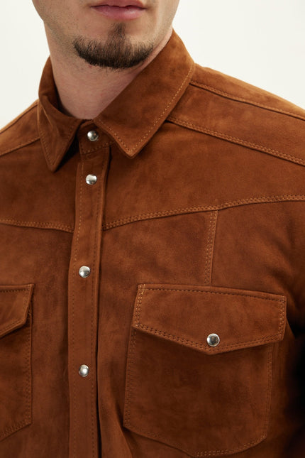 Men's Lambskin Suede Shirt - Brown | Ron Tomson