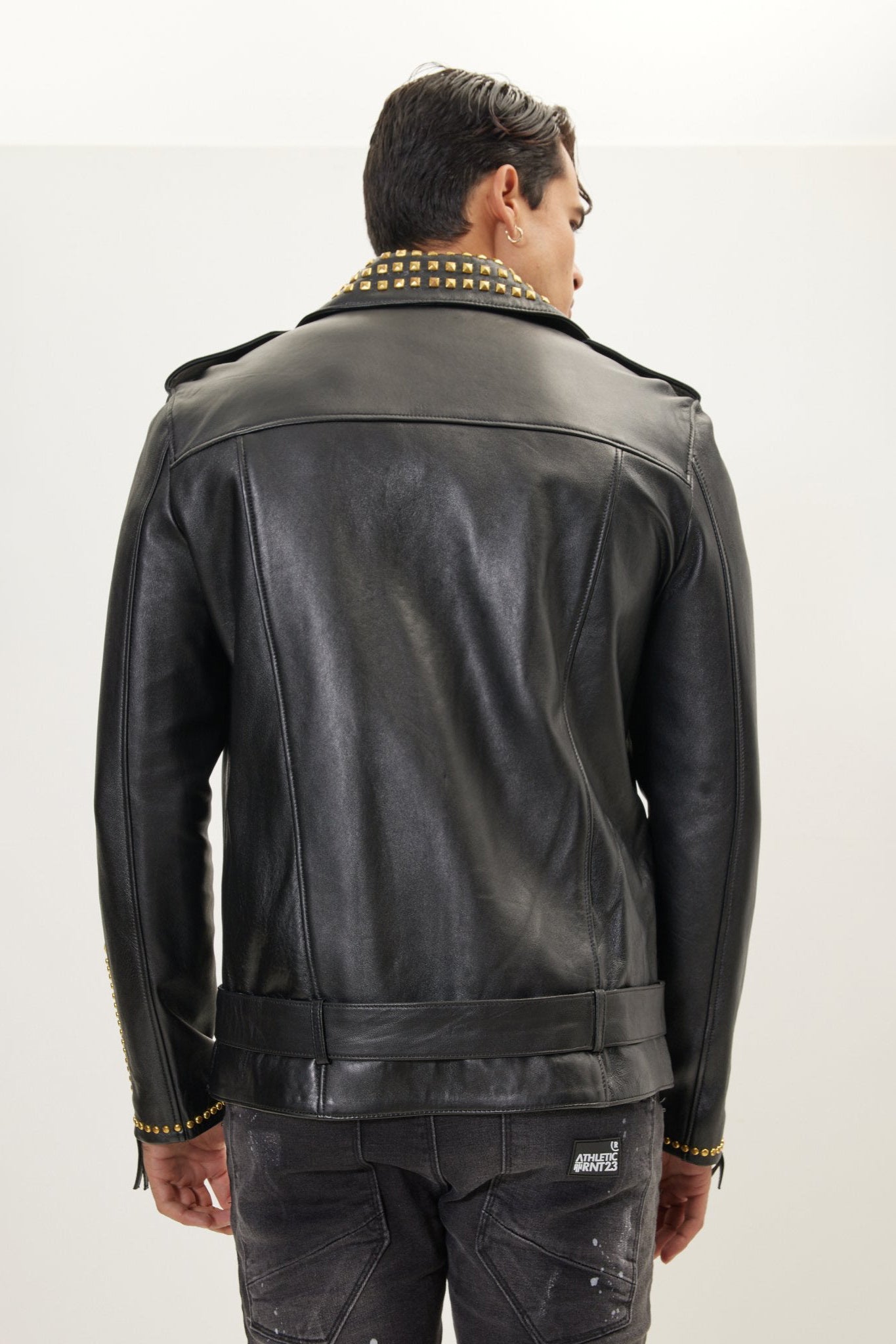 Men's Studded Lambskin Leather Jacket - Black Gold | Ron Tomson