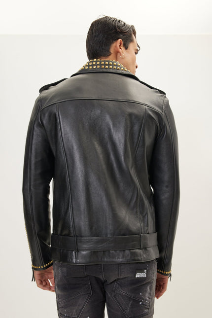 Men's Studded Lambskin Leather Jacket - Black Gold | Ron Tomson