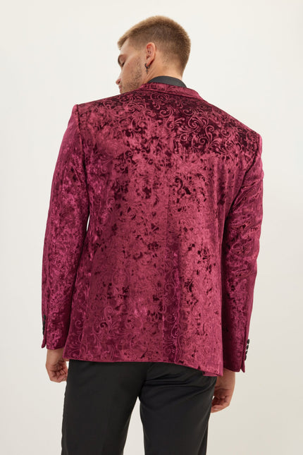 Men's Spiral Floral Velvet Dinner Jacket - Wine | Ron Tomson