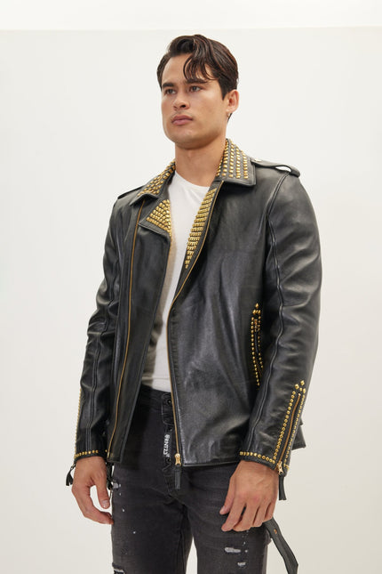 Men's Studded Lambskin Leather Jacket - Black Gold | Ron Tomson