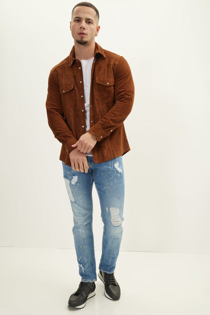 Men's Lambskin Suede Shirt - Brown | Ron Tomson