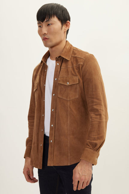Men's Lambskin Suede Shirt - Camel | Ron Tomson