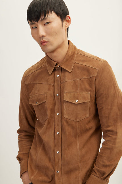 Men's Lambskin Suede Shirt - Camel | Ron Tomson