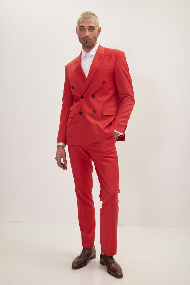 Italian Super 120s Merino Wool Double-Breasted Suit - Blood Orange