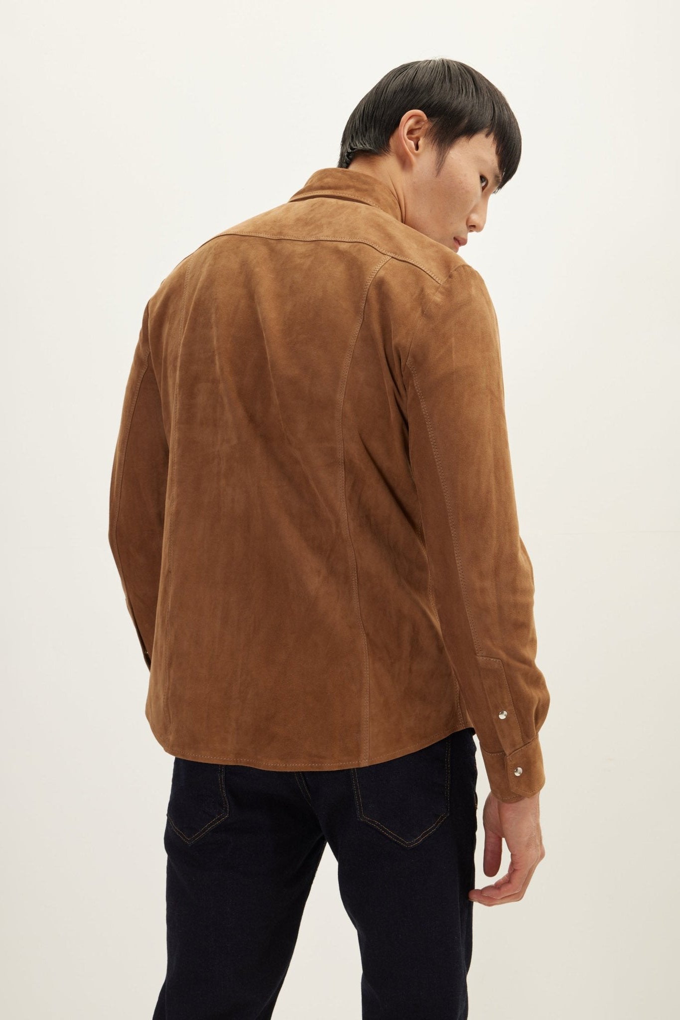 Men's Lambskin Suede Camp Collar Shirt - Camel | Ron Tomson