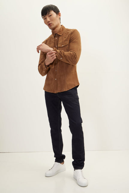 Men's Lambskin Suede Shirt - Camel | Ron Tomson