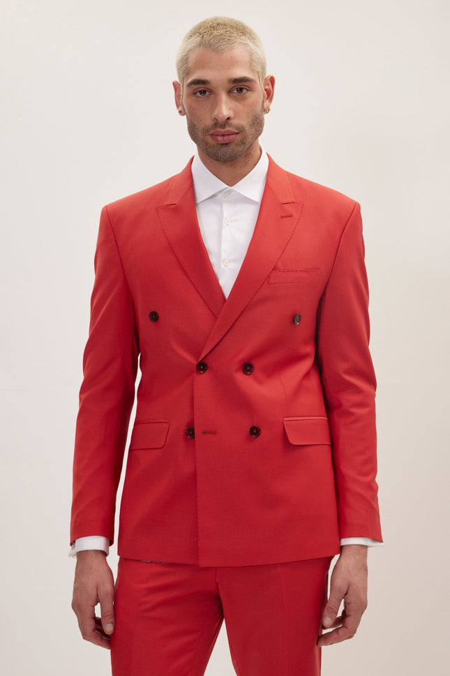 Italian Super 120s Merino Wool Double-Breasted Suit - Blood Orange