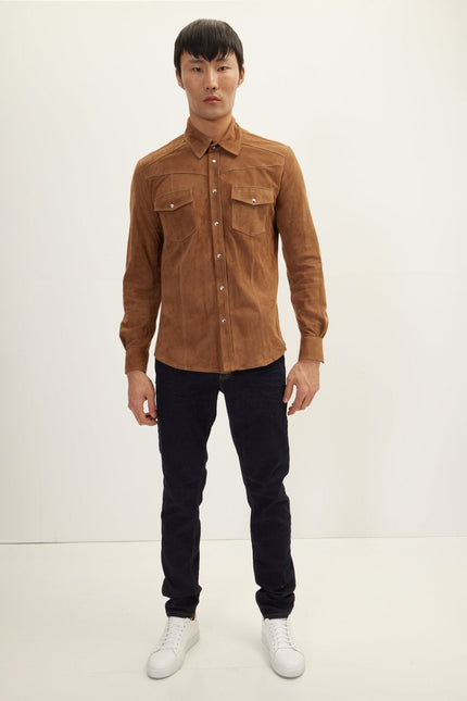 Men's Lambskin Suede Shirt - Camel | Ron Tomson