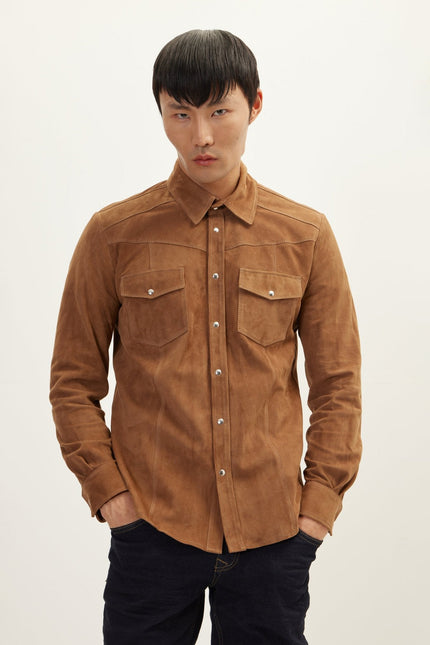 Men's Lambskin Suede Shirt - Camel | Ron Tomson