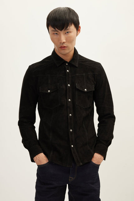 Men's Lambskin Suede Shirt - Black | Ron Tomson