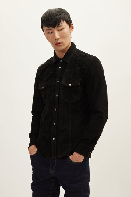 Men's Lambskin Suede Shirt - Black | Ron Tomson
