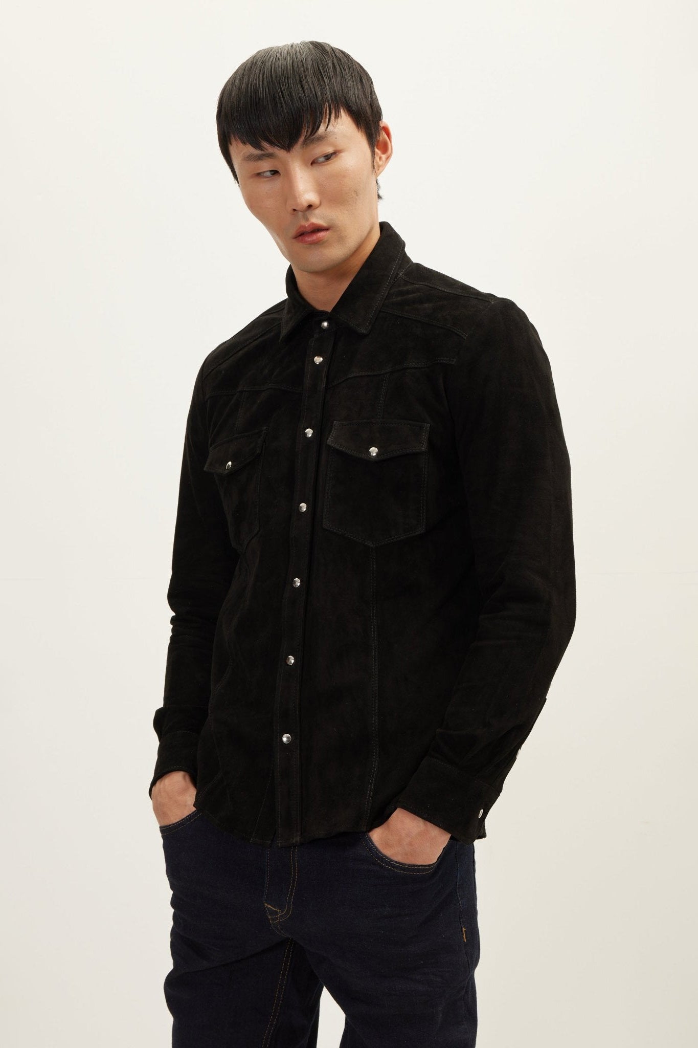 Men's Lambskin Suede Leather Shirt - Black | Ron Tomson Men's Lambskin Suede Leather Shirt - Black | Ron Tomson