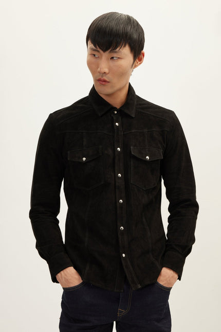 Men's Lambskin Suede Shirt - Black | Ron Tomson