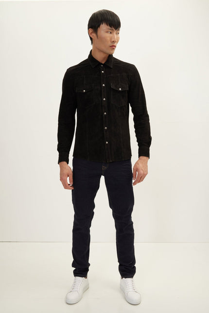 Men's Lambskin Suede Shirt - Black | Ron Tomson