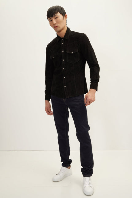 Men's Lambskin Suede Shirt - Black | Ron Tomson