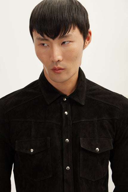 Men's Lambskin Suede Shirt - Black | Ron Tomson