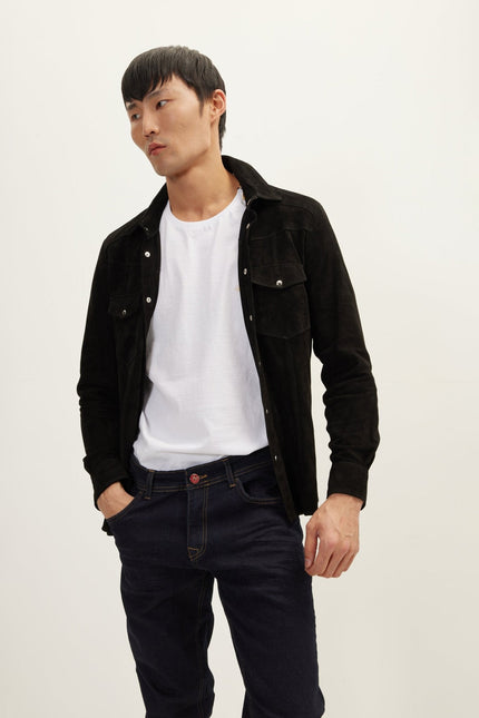 Men's Lambskin Suede Shirt - Black | Ron Tomson