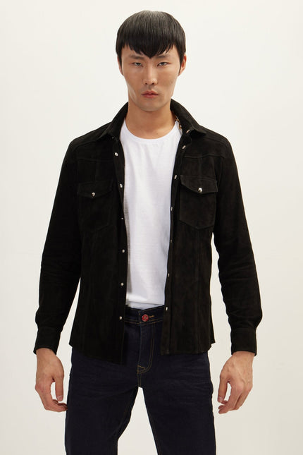 Men's Lambskin Suede Shirt - Black | Ron Tomson